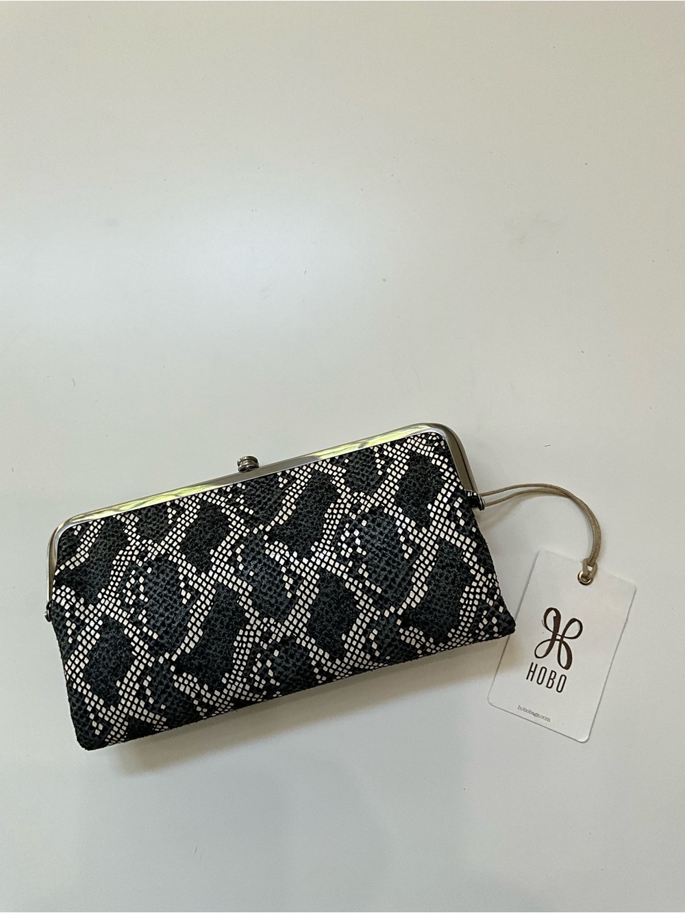 HOBO Lauren Black Snakeskin Print Leather Double Frame Clutch Wallet NWT